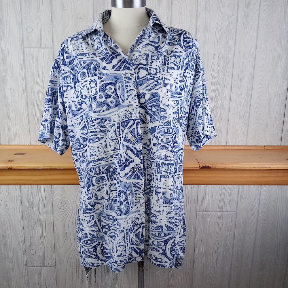 *Blue Tropical / Tribal Print Button Up Tunic Top